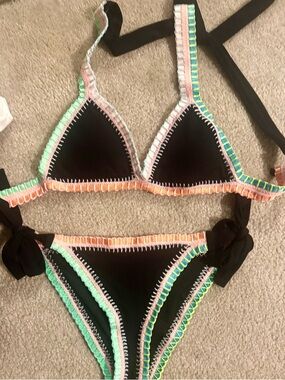 Platinum Inspired by Solange Ferrarini. Black Crochet-Trim Triangle Bikini Set
